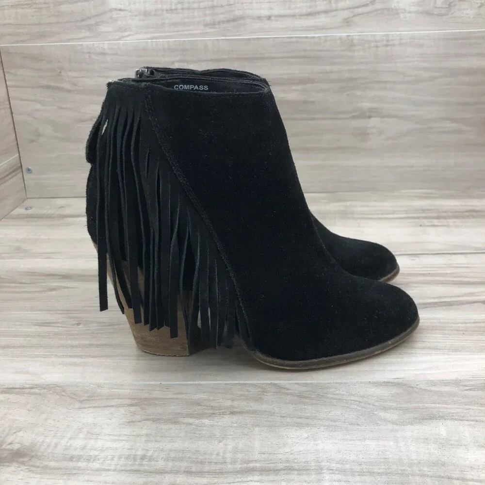 Steve Madden Ankle Boots Womens 8 Black Suede Leather Fringe Zip Booties
